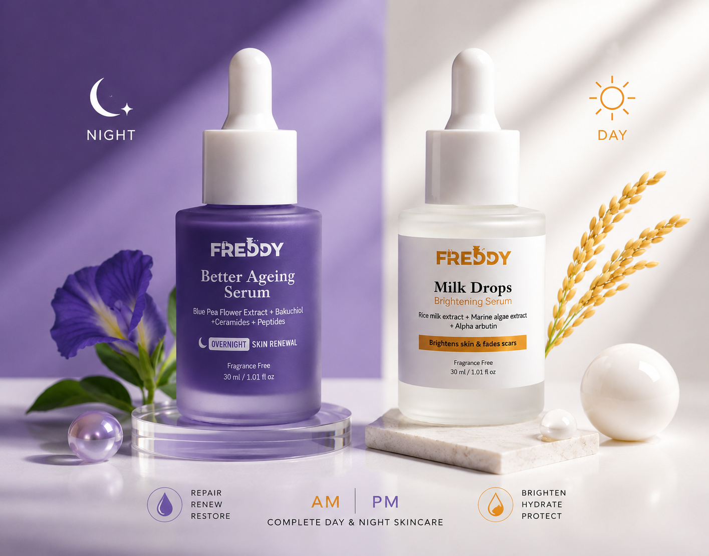 FREDDY AM PM Face Serum Combo | Brightening + Anti Ageing Serum | Bakuchiol, Ceramide & Alpha Arbutin | 30ml x2 (30 ml)